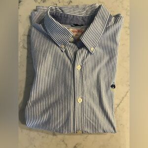 Brooks Brothers Dress Shirt 1818  Button Down Blue Stripe Embroidered XL EUC